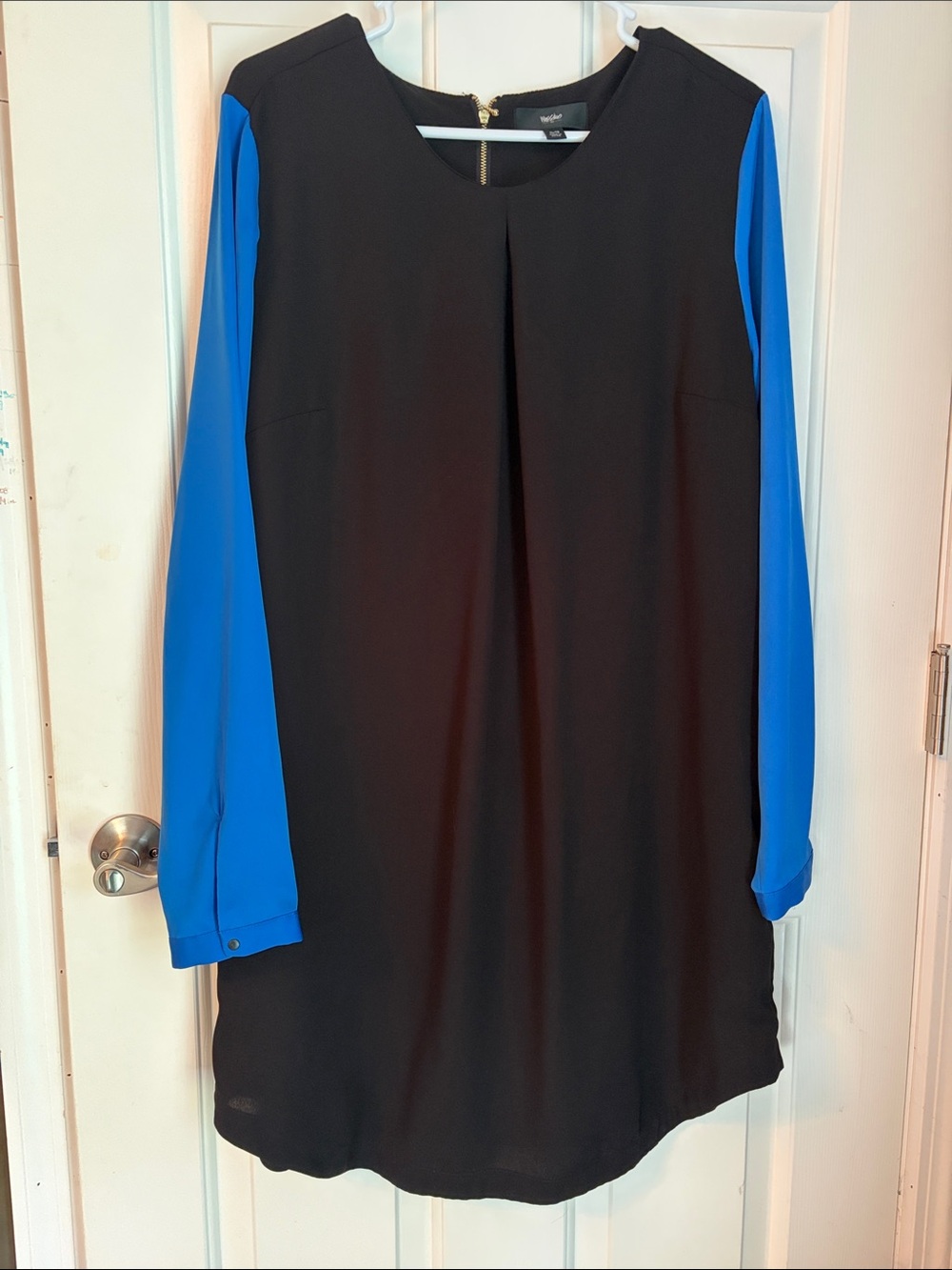 Black Shift Dress with Bright Blue Long Sleeves